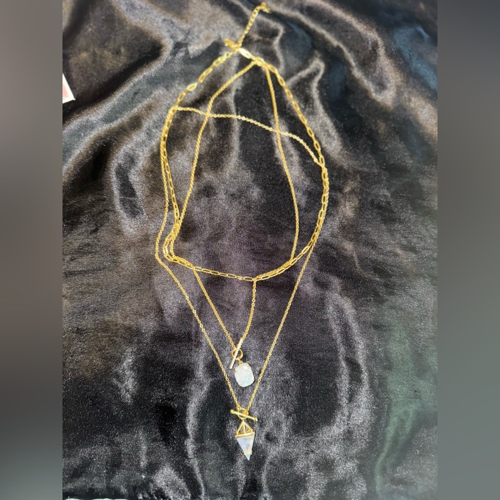 Elegant Gold Layered Necklace with MoonStone Pendant Matching Earrings.